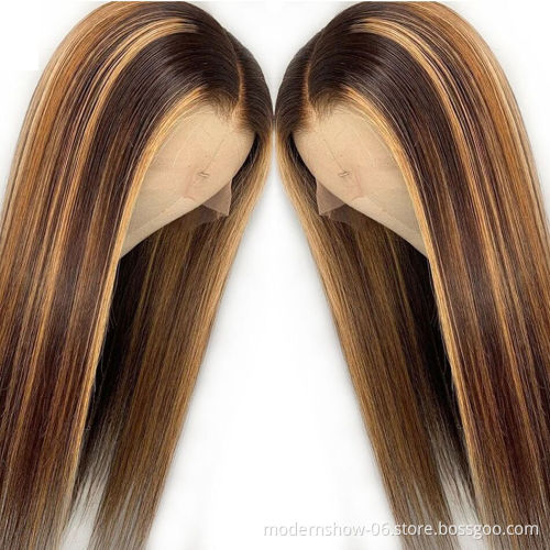 Highlight Straight Lace Front Wig P4/27 Honey Blonde Brown Pre Plucked Brazilian Remy Lace Frontal Human Hair Wigs For Women